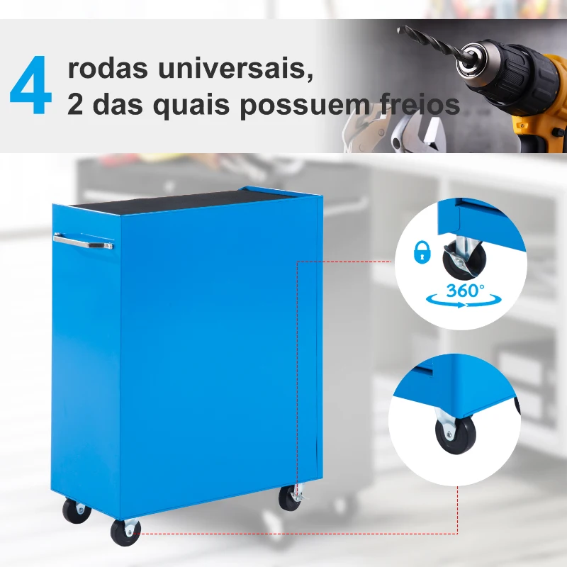 HOMCOM Carrinho de Ferramentas para Oficina com Rodas e 5 Gavetas Fechadura e Alça Lateral 61,5x33x85 cm Azul