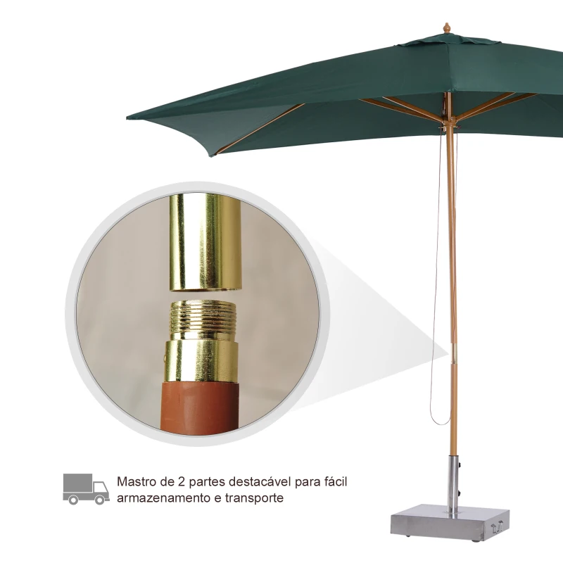 Outsunny Chapéu de Sol de Jardim com Sistema de Polia Teto Ventilado e Mastro de Madeira para Terraço Pátio Exterior 2,95x2x2,55m Verde