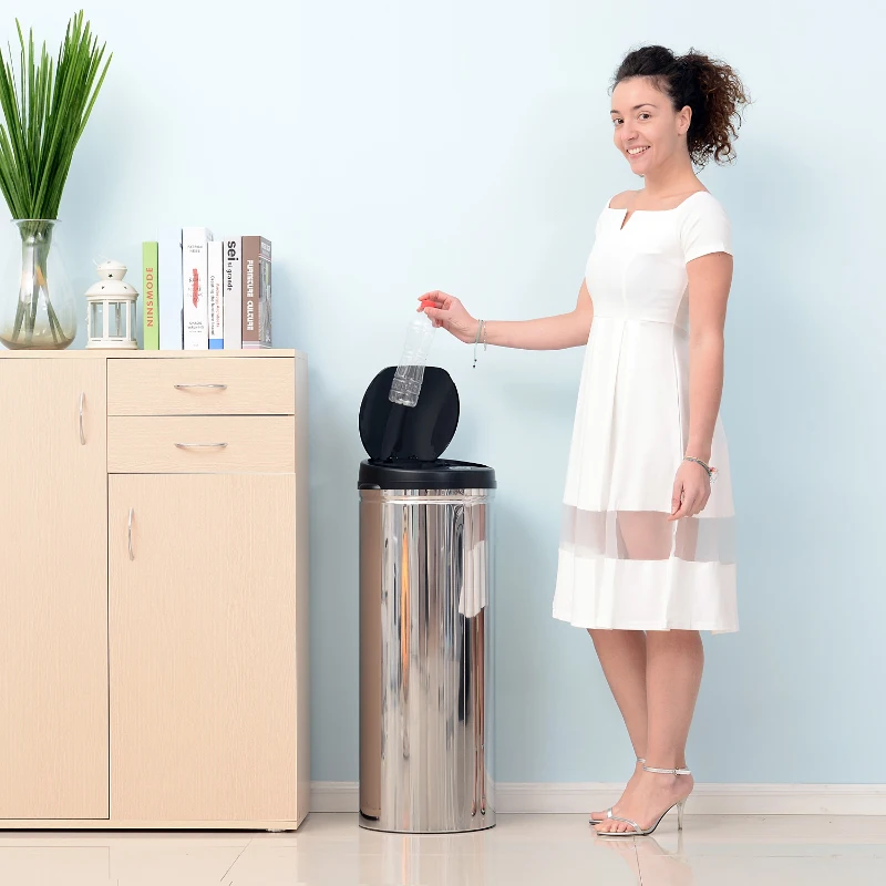 HOMCOM Balde de Lixo Inteligente de Aço Inoxidável 50L com Sensor Infravermelho de Abertura Automática Ø30,5x81,5cm Prata e Preto