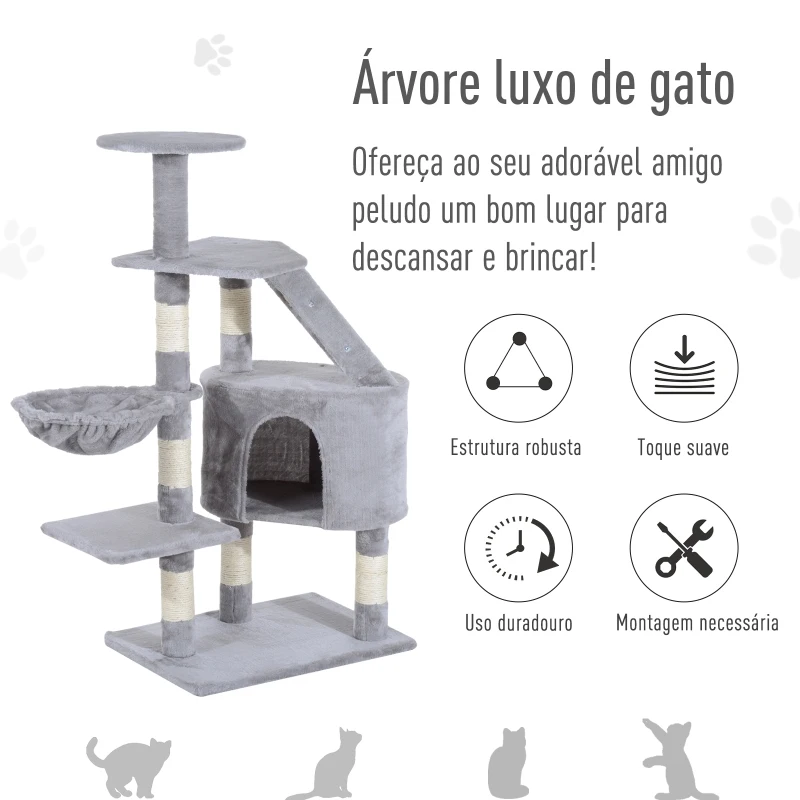 PawHut Arranhador para Gatos com Postes Escadas Caverna Espaçosa Rede Plataformas Centro de Atividades Sisal Natural 55x40x125cm Cinza