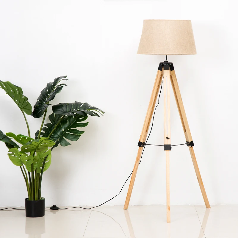 HomCom Candeeiro de Pé Moderno, com Tripé Altura Regulável de Madeira e Abajur de Linho - 65x65x99-143 centímetros