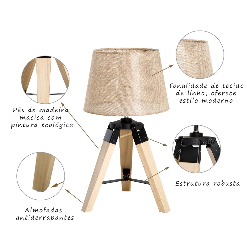 HOMCOM Candeeiro de Mesa Moderno e Original com Base de Tripé e Tela de Tecido de Linho para Dormitório ou Sala de Estar Lâmpada E27 Máx. 40W 24x24x45cm Creme e Madeira