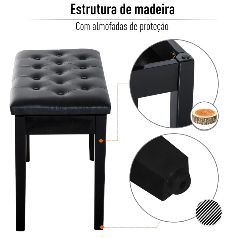 HOMCOM Banco de Piano Banco para Piano com Espaço de Armazenamento Assento de Couro Sintético Acolchoado76x36x50cm Preto