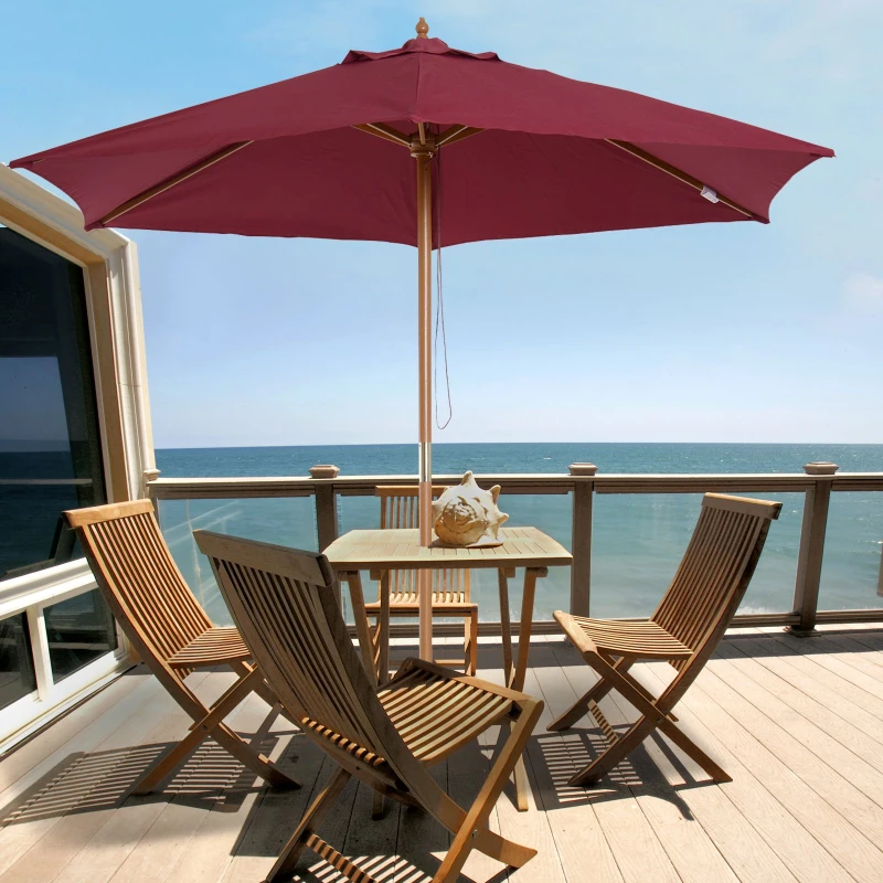 Outsunny Chapéu de Sol Ø250x230cm Chapéu de Sol com Mastro de Madeira com 6 hastes Sistema de Polia com Fixação para Jardim Pátio Terraço Vinho