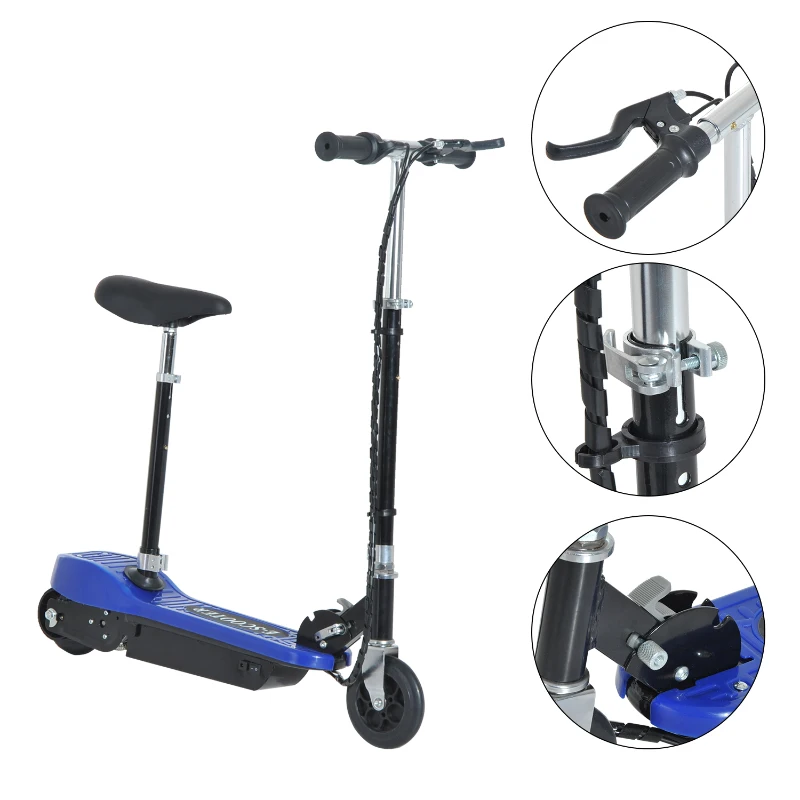 HOMCOM Trotinete Elétrica para Crianças Trotinete Dobrável Bateria 120W Guiador Ajustável Velocidad Máxima de 10km/h e Freio de Pé 78x37x99 cm Azul