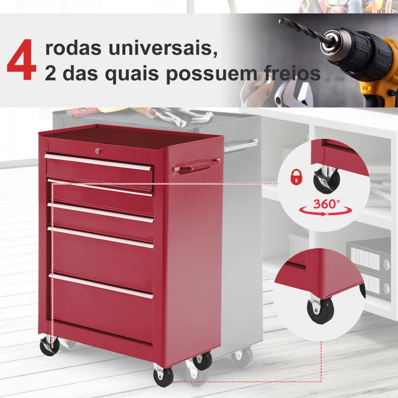HOMCOM Carrinho de Ferramentas para Oficina com Rodas e 5 Gavetas Fechadura e Alça Lateral 61,5x33x85 cm Vermelho