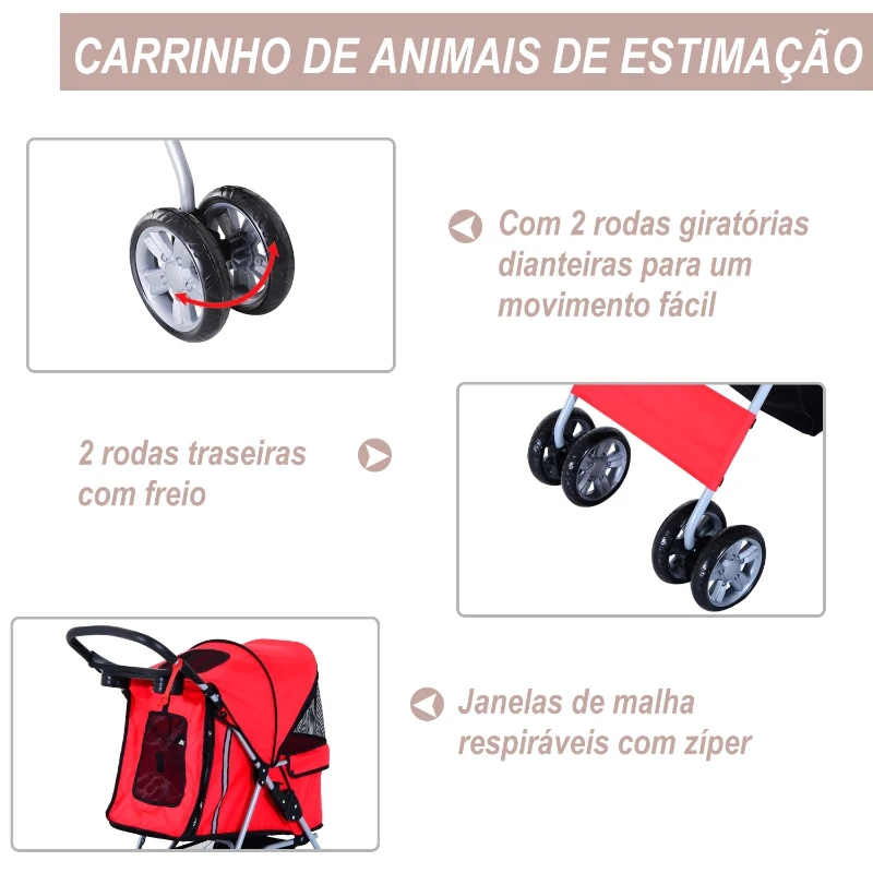 PawHut Carrinho de Passeio para Animais de Estimação Dobrável com Cesta de Armazenamento e Travão 75x45x97cm Vermelho