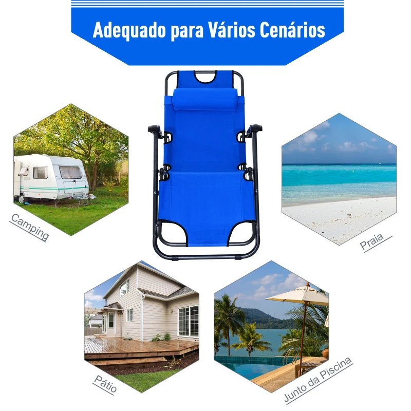 Outsunny Espreguiçadeira Reclinável com Almofada para a Cabeça Espreguiçadeira Dobrável e Portátil para Praia Campismo 118x60x80cm Azul
