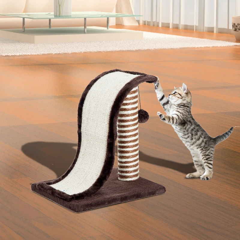 PawHut Arranhador para Gatos Centro de Atividades com Poste de Sisal Rampa e Brinquedo Suspenso 35x30x39 cm Marrom e Bege