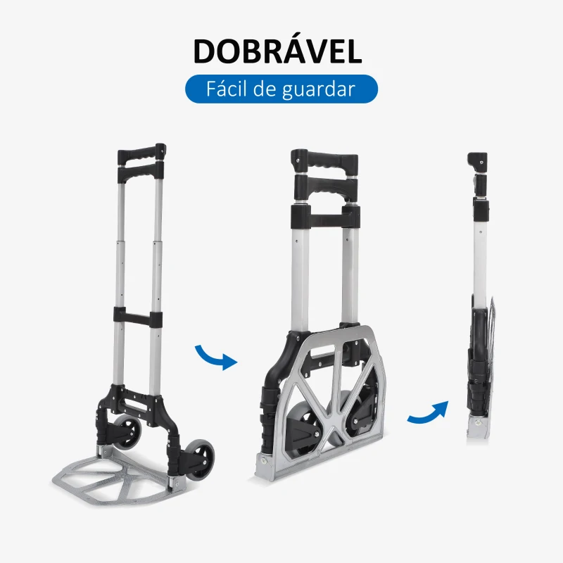HOMCOM Carrinho de mão dobrável de alumínio Altura ajustável de 3 níveis Fácil transporte Carga 70 kg 41x38,5x100 cm Preto e cinza