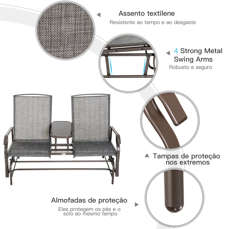 Outsunny Banco Baloiço de 2 Lugares Banco Inclinável para Jardim  Pátio em Tecido de Metal e Textilene 148x81x100cm Marrom e Cinza