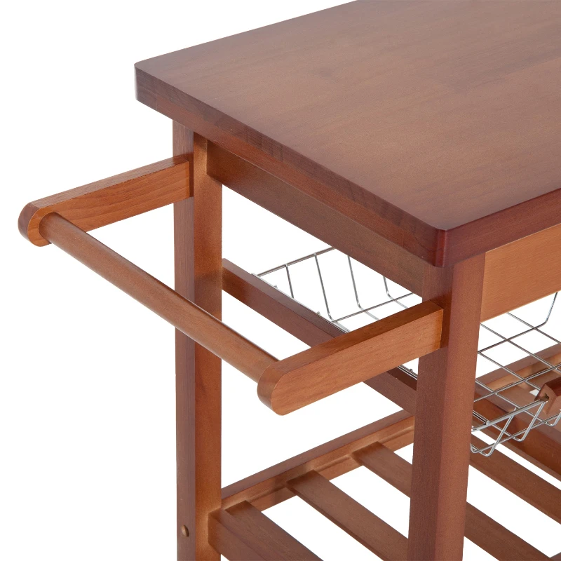 HOMCOM Carrinho de Cozinha de Madeira natural Madeira Metal 4 Rodas Gaveta Garrafeira  85x37x85 cm