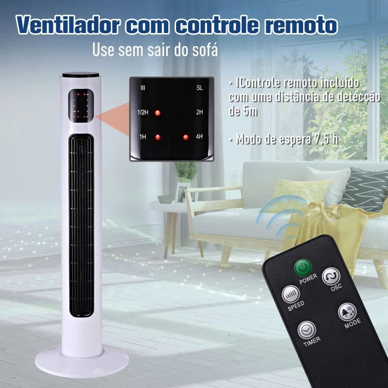 HOMCOM Ventoinha de Coluna com Controlo Remoto Oscilação de 70° 3 Modos 3 Velocidades e Temporizador Ø32x96 cm Branco e Preto