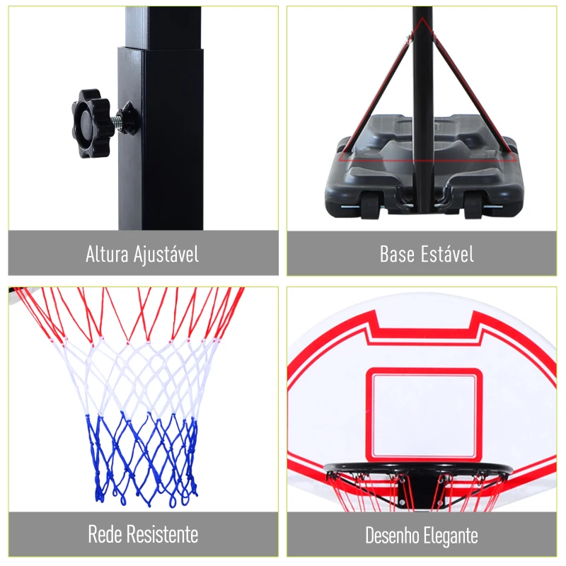HOMCOM  Tabela de basquetebol dobrável e ajustável em altura 150-210 cm branco preto e vermelho