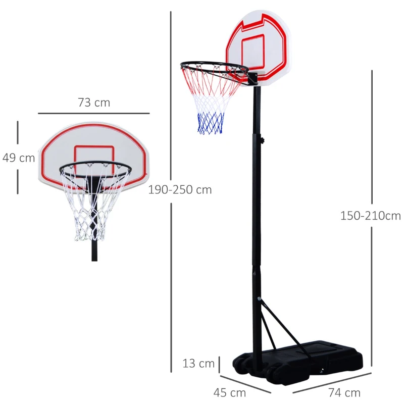HOMCOM  Tabela de basquetebol dobrável e ajustável em altura 150-210 cm branco preto e vermelho