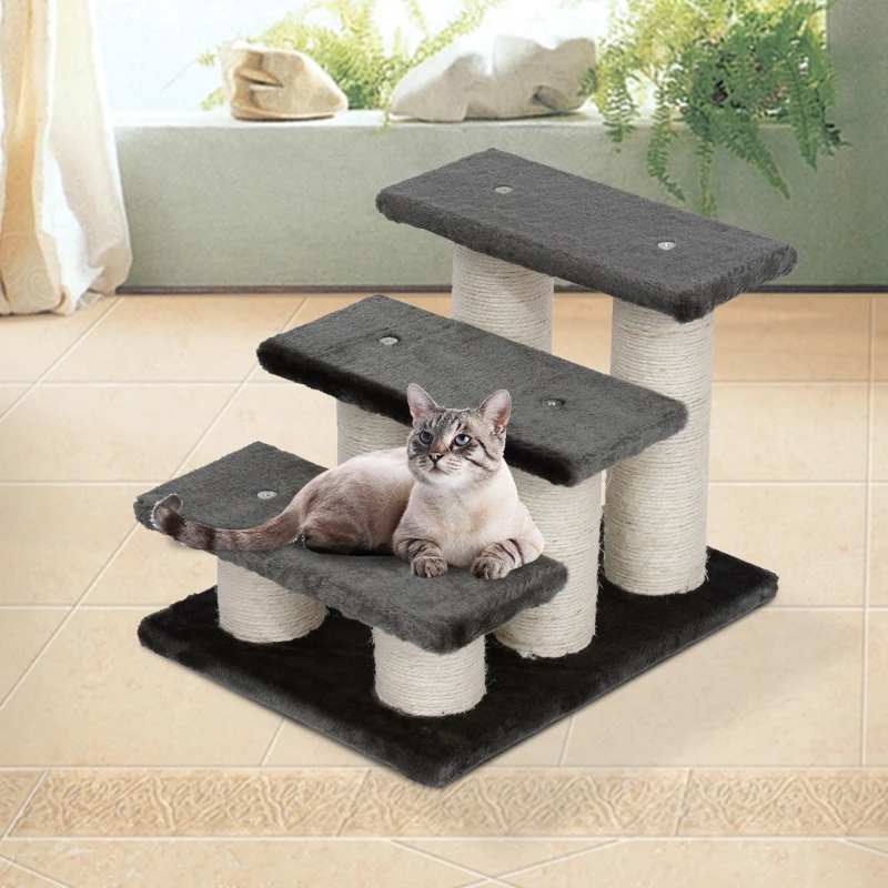 PawHut Escada de 3 Degraus para Animais de Estimação com Estofado Suave Poste Arranhador Escada para Animais de Estimação 45x35x34cm Cinza