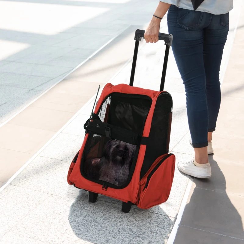 PawHut Transportadora 2 em 1 para Animais de Estimação Mochila ou Carrinho de Viagem para Cães e Gatos com 2 Rodas Alça Retrátil de Alumínio e Bolso de Armazenamento 42x25x55cm Vermelho