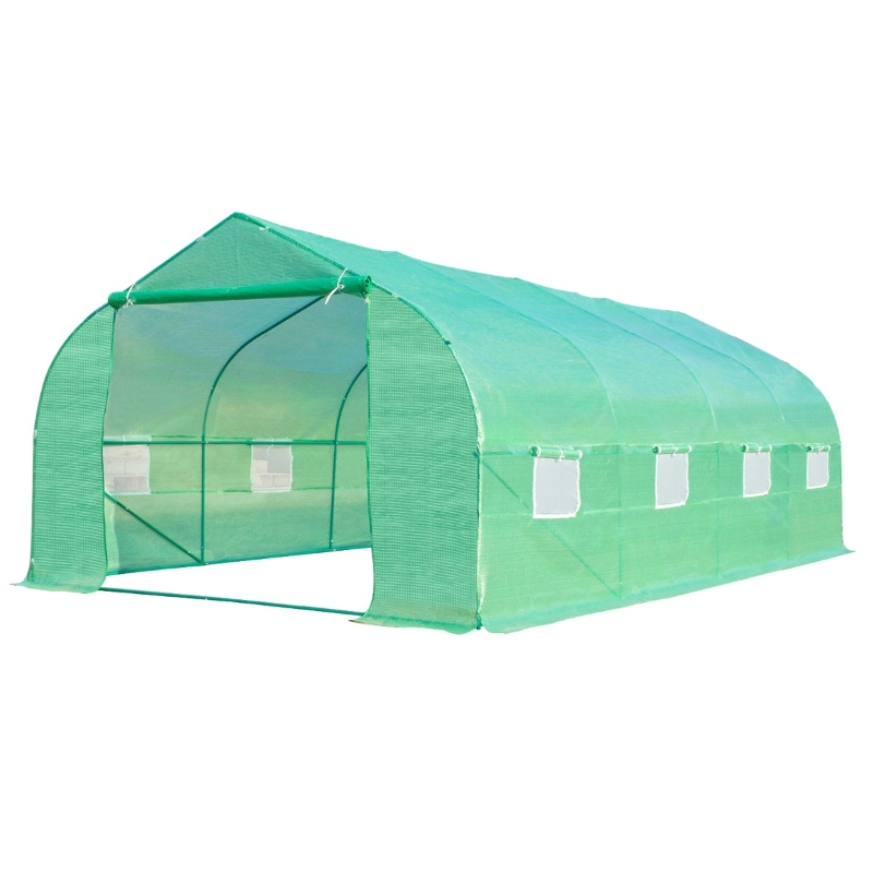Outsunny Estufa Tipo Túnel de Jardim 600x300x200cm para Cultivo de Plantas Verduras com 8 Janelas e Porta Enroláveis com Zíper Aço Verde