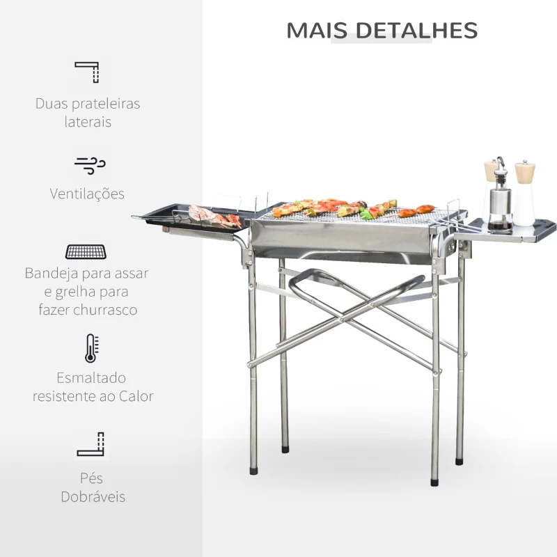 Outsunny Barbecue a Carvão Portátil de Aço Inoxidável com 2 Prateleiras Laterais Bandeja e Grelha 104x30x68cm Prata