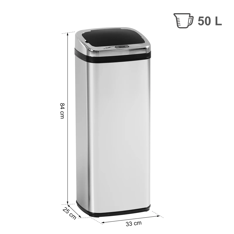 HOMCOM Balde de Lixo Inteligente de Aço Inoxidável 50L com Sensor Infravermelho de Abertura Automática 33x25x84 cm Prata e Preto