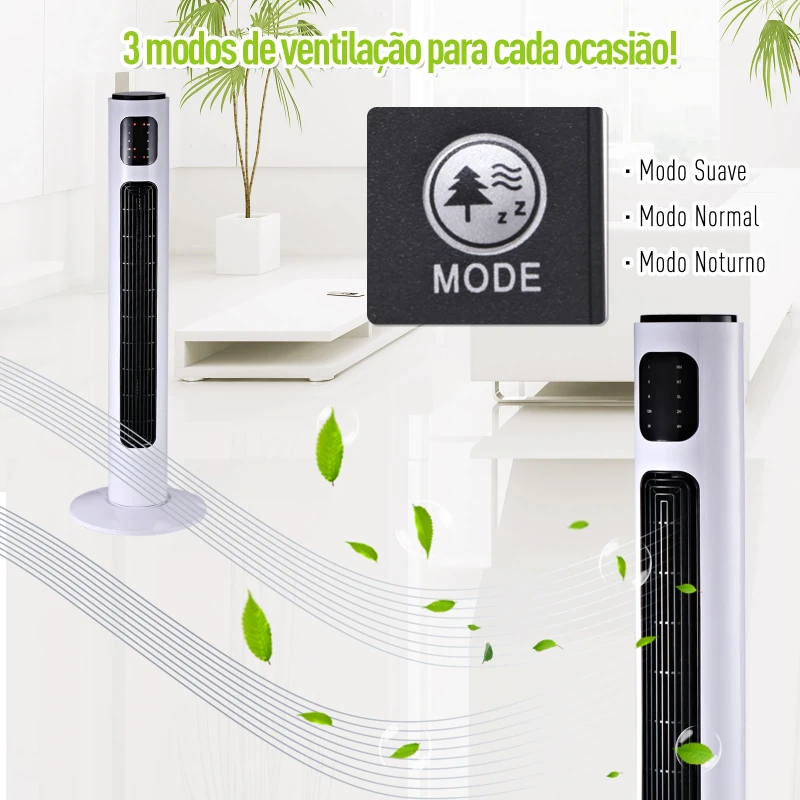 HOMCOM Ventoinha de Coluna com Controlo Remoto Oscilação de 70° 3 Modos 3 Velocidades e Temporizador Ø32x96 cm Branco e Preto