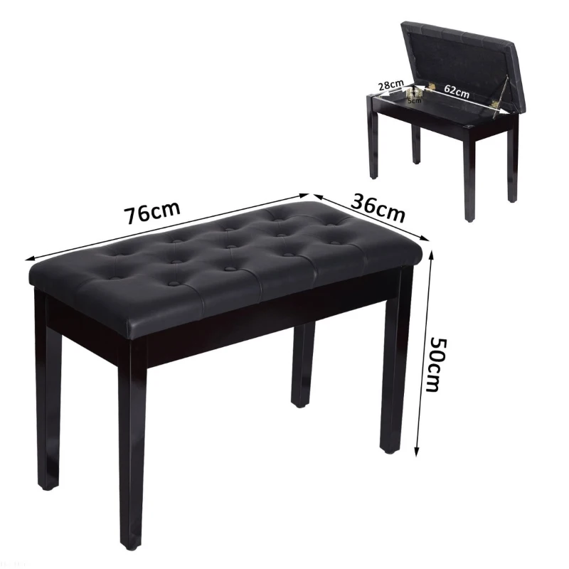 HOMCOM Banco de Piano Banco para Piano com Espaço de Armazenamento Assento de Couro Sintético Acolchoado76x36x50cm Preto