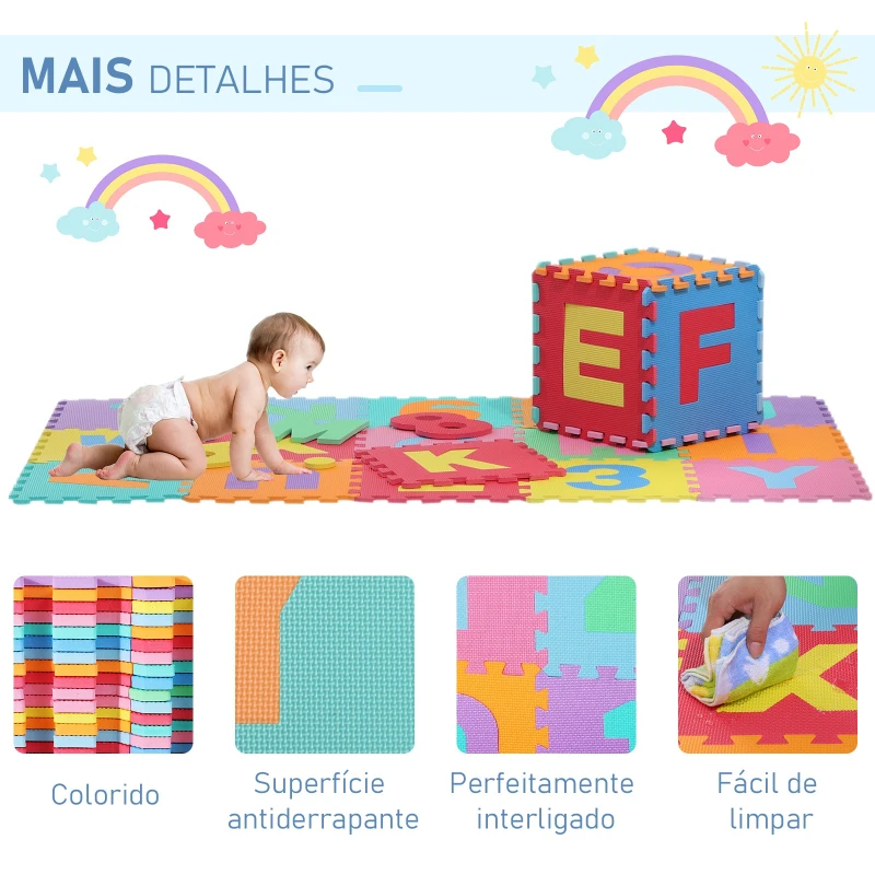 HOMCOM Tapete de quebra-cabeça infantil  de borracha 36 peças de 31x31x1cm Números de 0 a 9 e 26 Letras do alfabeto 3,24㎡ multicolor