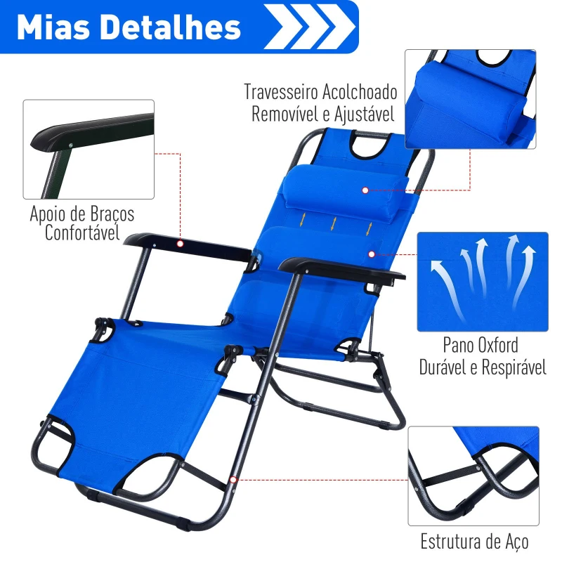 Outsunny Espreguiçadeira Reclinável com Almofada para a Cabeça Espreguiçadeira Dobrável e Portátil para Praia Campismo 118x60x80cm Azul