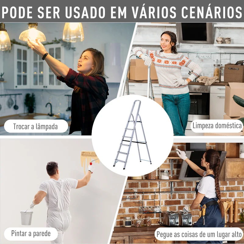 HOMCOM Escada de alumínio Tesoura dobrável 4/5/6 degraus 150kg leve robusta (6 degraus) 188x109x48 cm prata