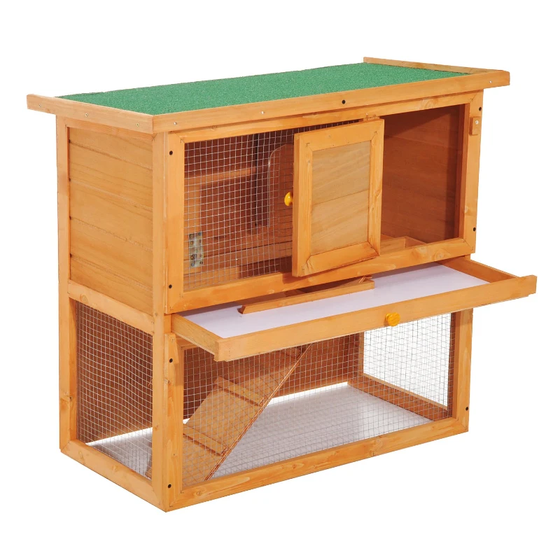 PawHut Coelheira de Exterior de Madeira para Animais Pequenos 2 Níveis com Rampa Teto Asfáltico e Porta com Trava 90x45x80 cm Madeira e Verde