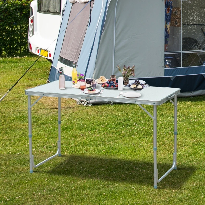 Outsunny Mesa de Campismo Dobrável Convertível em Mala com Altura Ajustável para Piquenique 120x60-54-70cm Prata