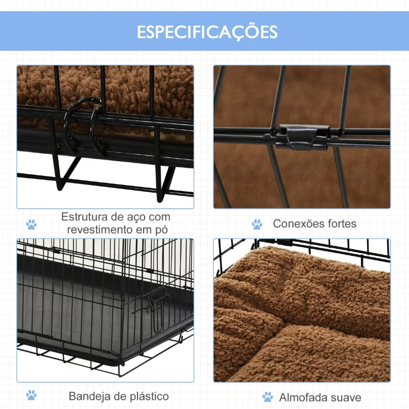 PawHut Gaiola para Cães com Almofada Incluída Gaiola para Animais de Estimação com Alça de Transporte e Grade de Arame 60x43x49,5cm Preto e Marrom