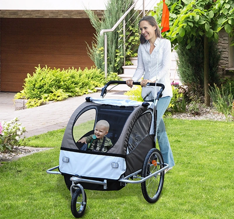 HOMCOM Reboque de Bicicleta para Crianças 2 Lugares 2 em 1 Convertível em Carrinho com Rodas 360º e Guiador Ajustável Bege e Marrom