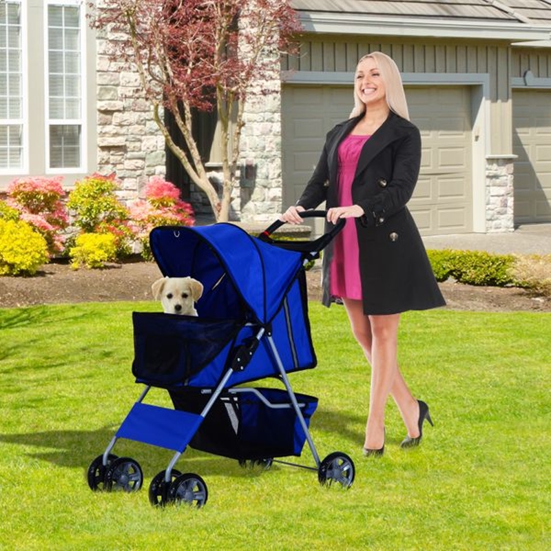 PawHut Carrinho Cães Animais de estimação Dobrável Azul 75 x 45 x 97 cm