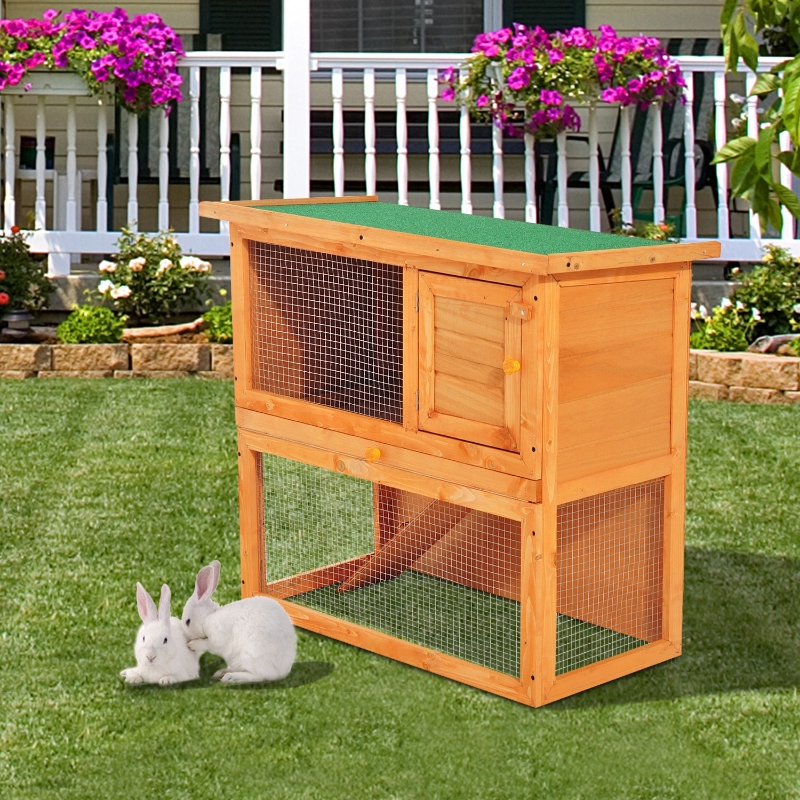 PawHut Coelheira de Exterior de Madeira para Animais Pequenos 2 Níveis com Rampa Teto Asfáltico e Porta com Trava 90x45x80 cm Madeira e Verde