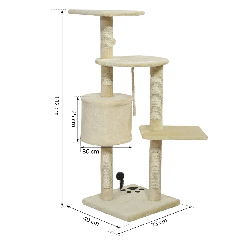 PawHut Árvore Arranhador para Gatos com 4 Níveis Poste de Sisal Caverna Plataformas e Brinquedos Divertidos 75x40x112 cm Bege
