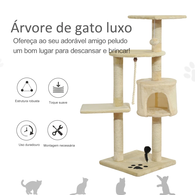 PawHut Árvore Arranhador para Gatos com 4 Níveis Poste de Sisal Caverna Plataformas e Brinquedos Divertidos 75x40x112 cm Bege