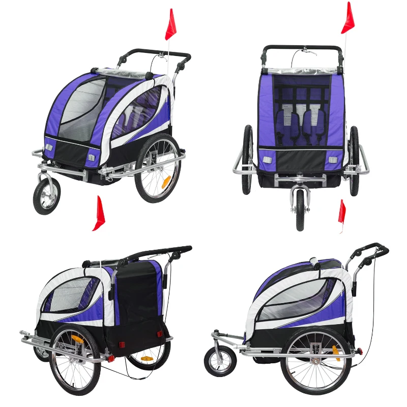 HOMCOM Reboque de Bicicleta para Crianças 2 em 1 com 2 Lugares Convertível em Carrinho de Passeio com Roda Dianteira Giratória 360° Roxo