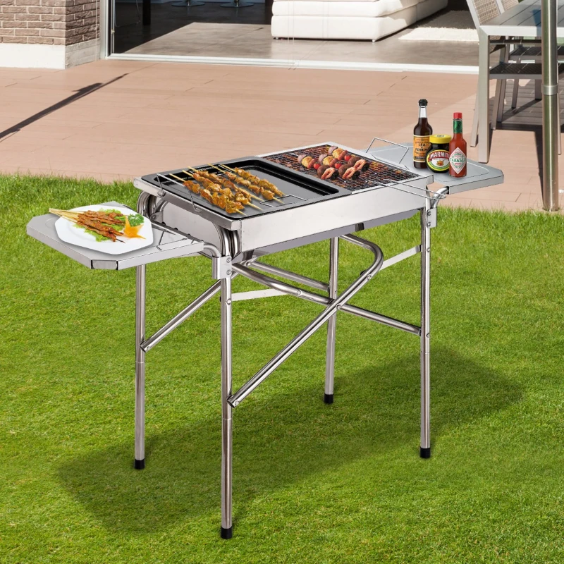 Outsunny Barbecue a Carvão Portátil de Aço Inoxidável com 2 Prateleiras Laterais Bandeja e Grelha 104x30x68cm Prata
