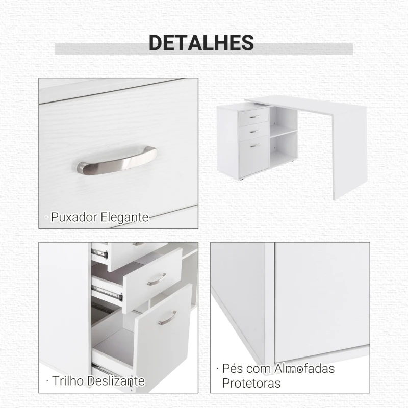 HOMCOM Secretária de Canto com 2 Formas de Utilização com 2 Prateleiras Abertas e 3 Gavetas para Escritório Casa Estúdio Branco