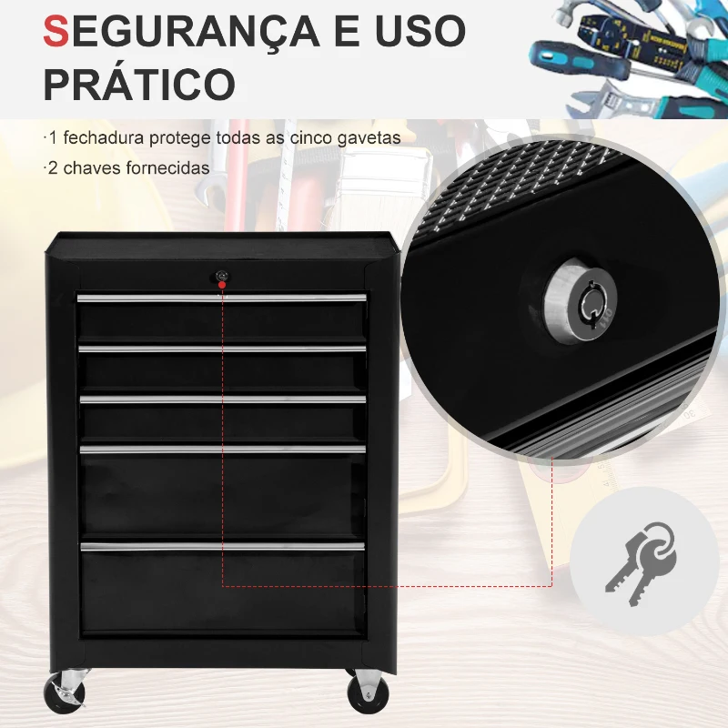HOMCOM Carrinho de Ferramentas para Oficina com Rodas e 5 Gavetas Fechadura e Alça Lateral 61,5x33x85 cm Preto