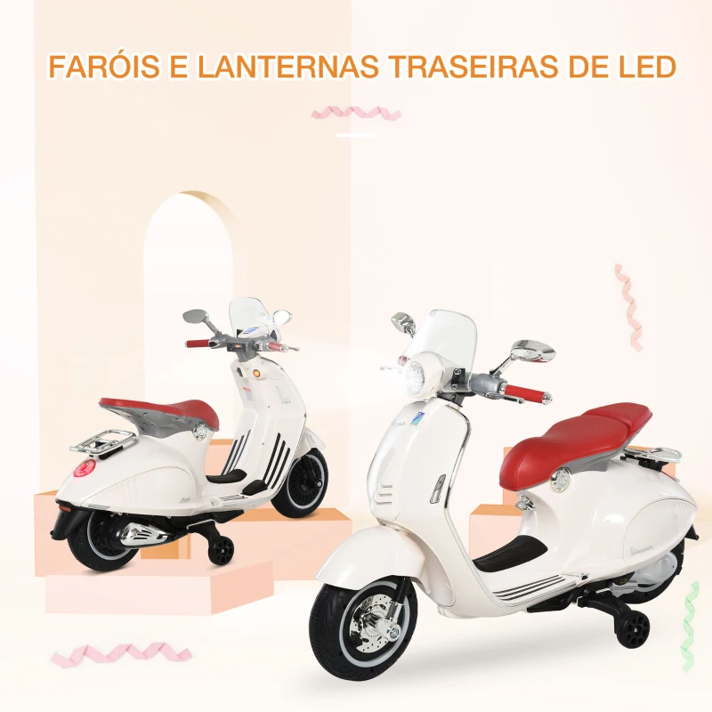 HOMCOM Mota Elétrica Vespa com Faróis Música 2 Rodas Auxiliares para Crianças acima de 3 Anos 108x49x75 cm Branco