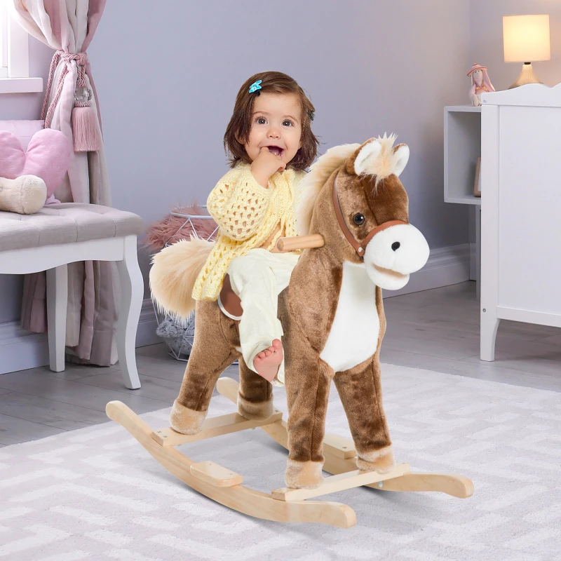 HOMCOM Brinquedo De Pelúcia Caballito  Gangorra de Cavalo Brinquedo de Baloiço de Madeira para Crianças +3 Anos 74x33x62cm