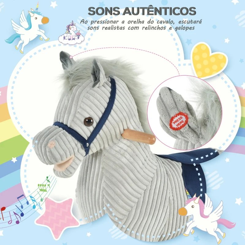 HOMCOM Baloiço Infantil de Cavalo para Crianças acima de 3 Anos Baloiço de Pelúcia com Sons de Relinchos e Galopes e Base de Madeira 73x35x64cm Azul e Cinza