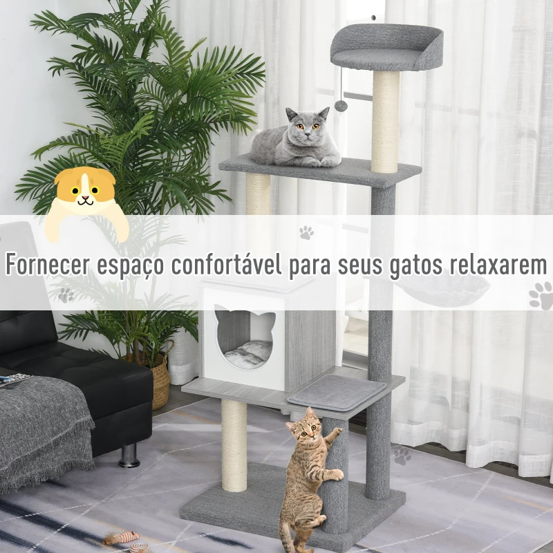 PawHut Árvore Arranhador para Gatos Grande 61x49x160,5cm Torre de Escalada de Múltiplos Níveis com Caverna Espaçosa Rede Postes e Brinquedo Suspenso Estofamento Suave Cinza