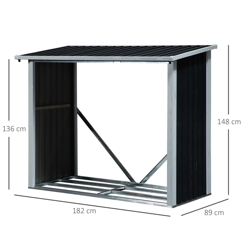 Outsunny Abrigo para Lenha de Aço Galvanizado Abrigo de Armazenamento de Lenhas com Teto Inclinado para Jardim Terraço Exterior 182 x 89 x 136/148cm Cinza