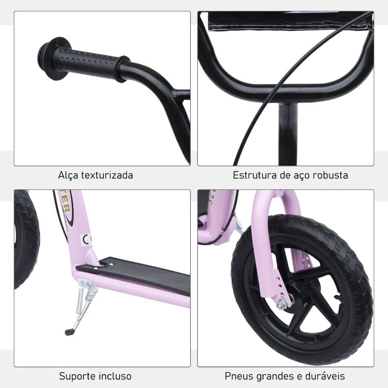 HOMCOM Trotinete para Crianças acima de 5 anos Scooter de 2 Rodas Grandes de 12 Polegadas com Freio e Guidão Ajustável em Altura Carga Máx. 100kg 120x52x80-88cm Rosa