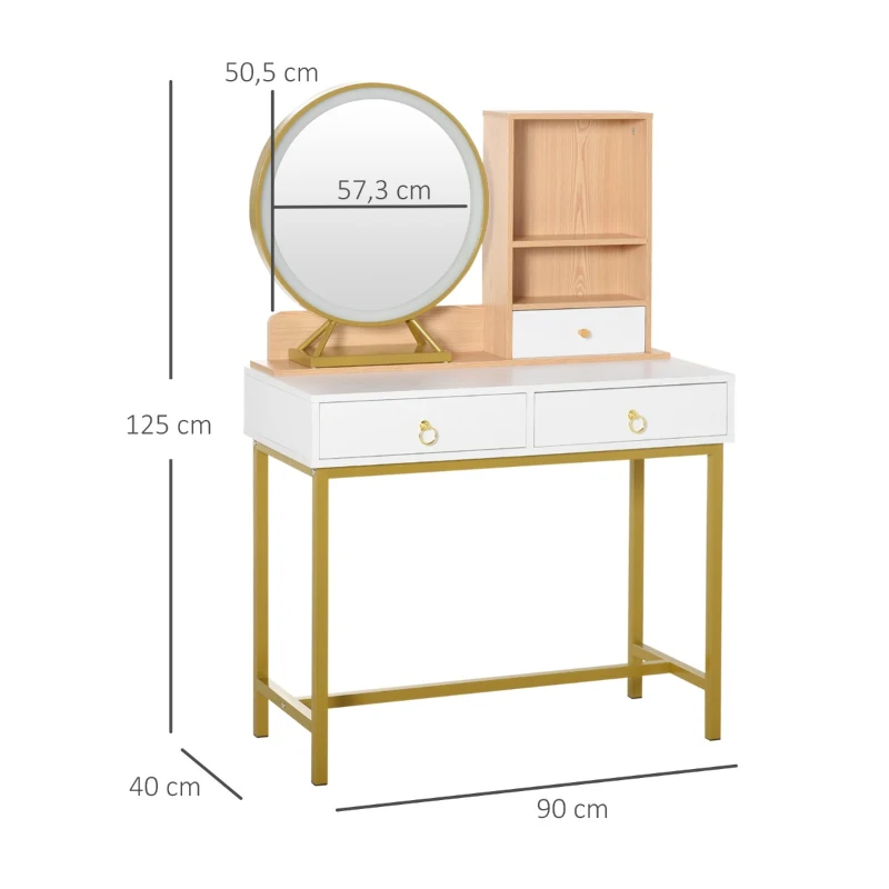 HOMCOM Toucador com Espelho e Luz LED Mesa de Maquilhagem com 3 Gavetas e 2 Prateleiras Sensor Tátil para Dormitório Estrutura Metálica Dorada 90x40x125cm Branco e Madeira
