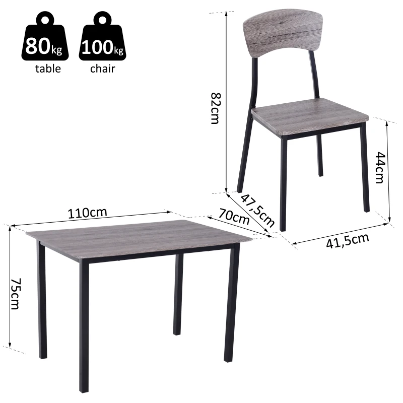 HOMCOM Conjunto de Mesa de 5 Peças e 4 Cadeiras de sala deJantar Conjunto de Móveis de Cozinha Mesa De Madeira e Metal Cinza