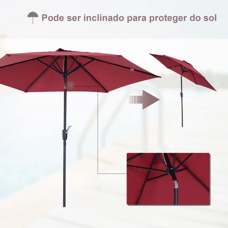 Outsunny Chapéu de Sol de Jardim Ø270x235cm Chapéu de Sol de Alumínio Reclinável com Manivela e 6 Hastes para Terraço Exterior Balcão Vermelho Escuro